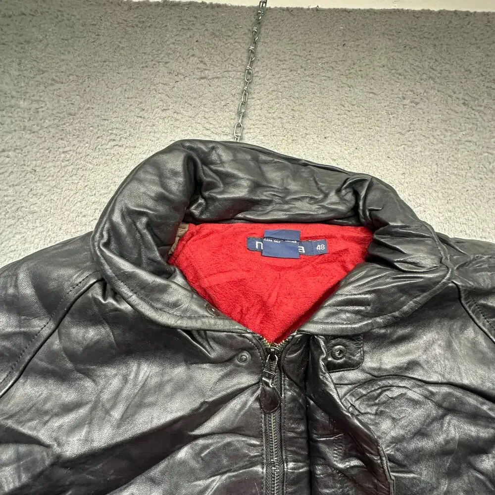 Vintage 90s Nautica Genuine Leather Red Lined Coat Mens 48 XL Hooded Pockets